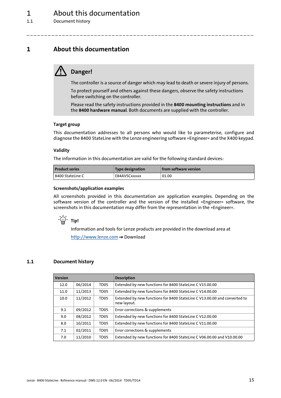 1 about this documentation, 1 document history, About this documentation | Document history, 1about this documentation, Danger | Lenze 8400 StateLine User Manual | Page 15 / 1030