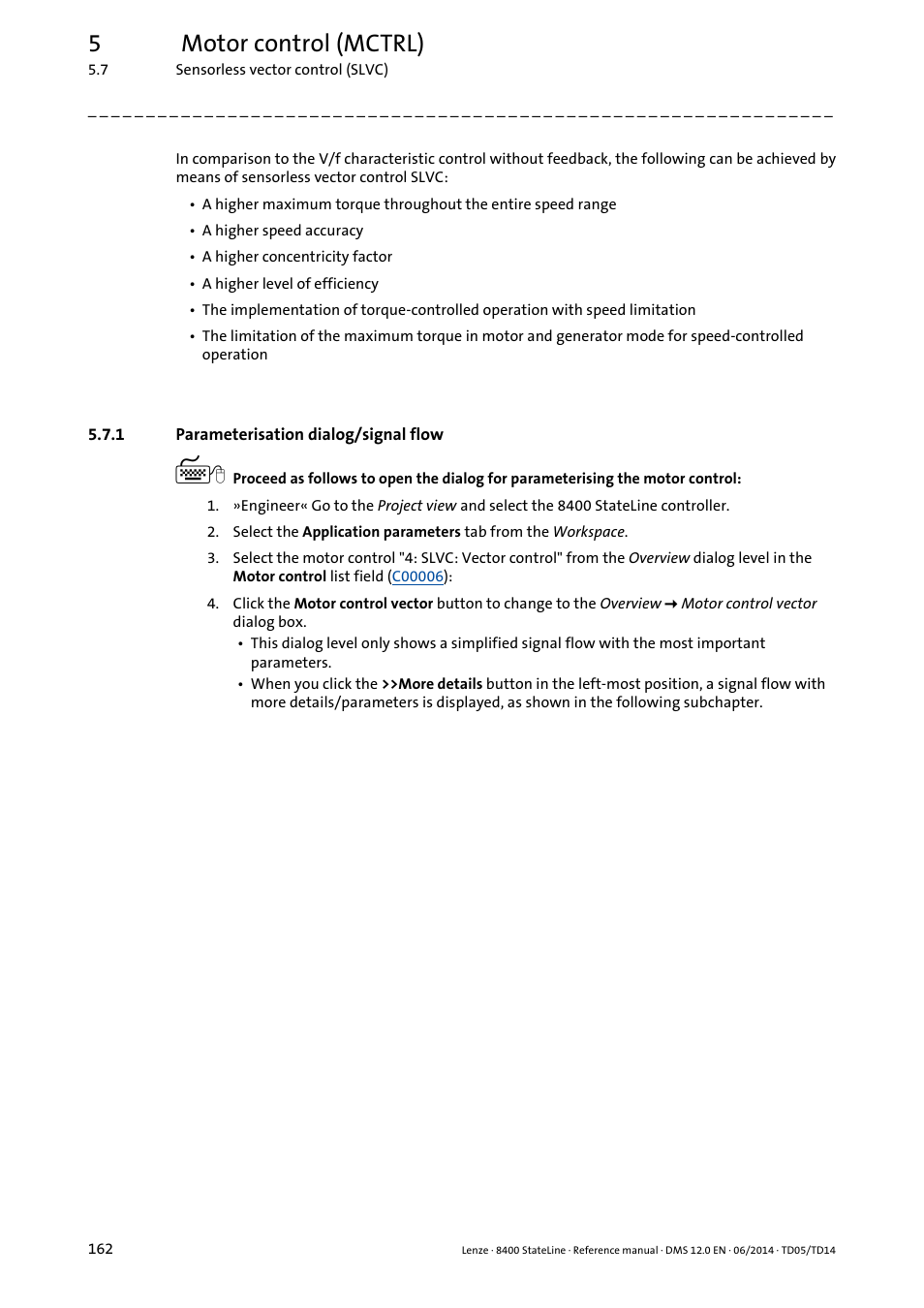 1 parameterisation dialog/signal flow, Parameterisation dialog/signal flow, 5motor control (mctrl) | Lenze 8400 StateLine User Manual | Page 162 / 1030