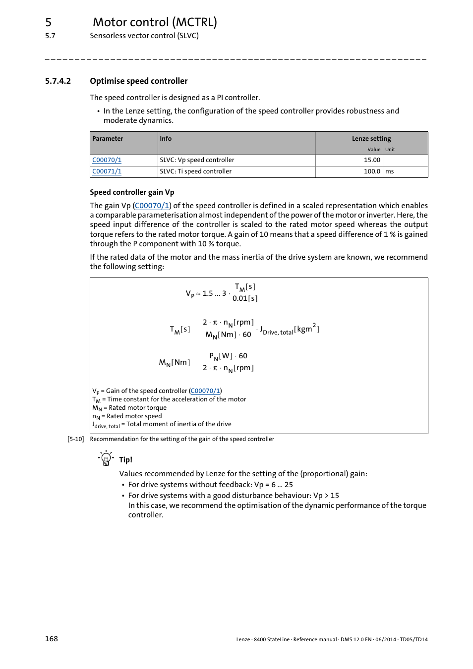 2 optimise speed controller, Optimise speed controller, 5motor control (mctrl) | Lenze 8400 StateLine User Manual | Page 168 / 1030