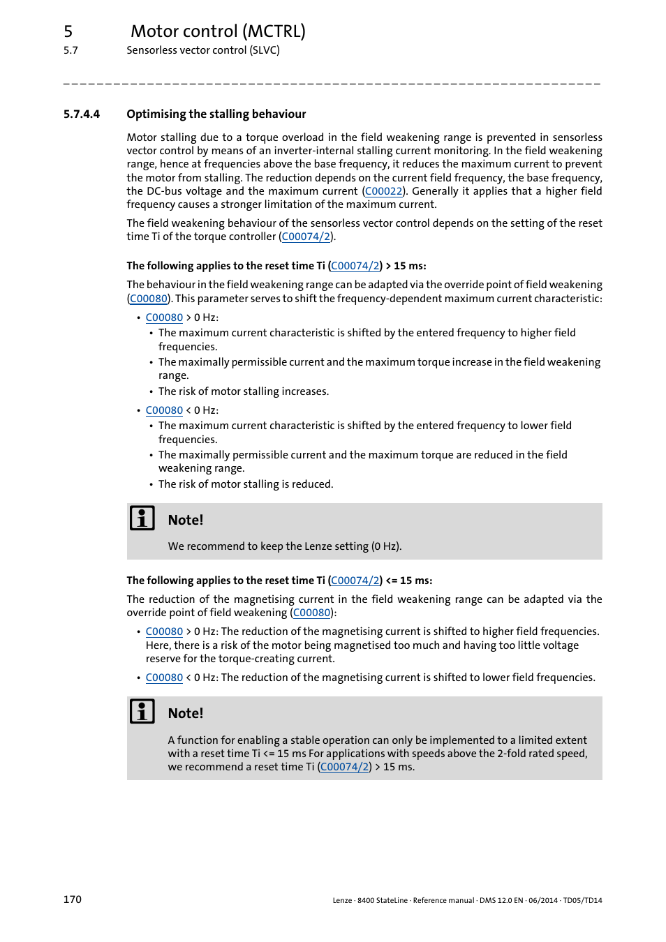 4 optimising the stalling behaviour, Optimising the stalling behaviour, 5motor control (mctrl) | Lenze 8400 StateLine User Manual | Page 170 / 1030