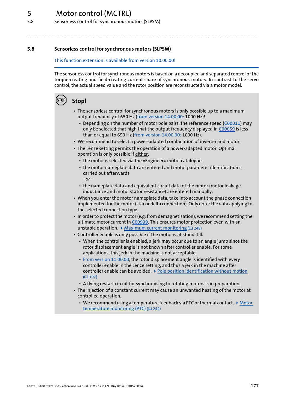 Sensorless control for synchronous motors (slpsm), 5motor control (mctrl), Stop | Lenze 8400 StateLine User Manual | Page 177 / 1030