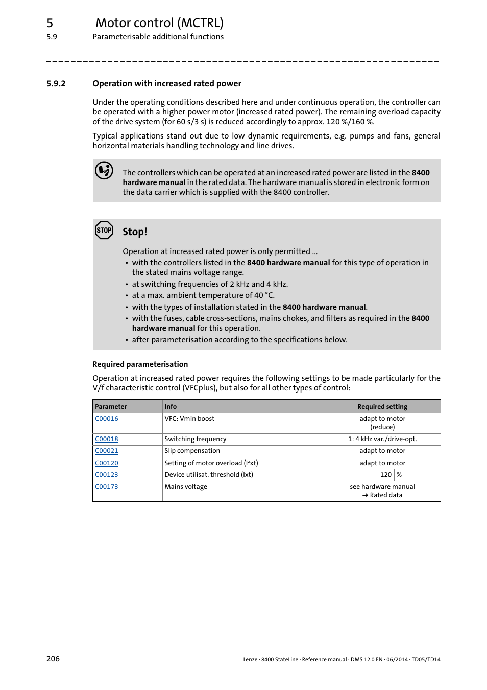 2 operation with increased rated power, Operation with increased rated power, 5motor control (mctrl) | Stop | Lenze 8400 StateLine User Manual | Page 206 / 1030