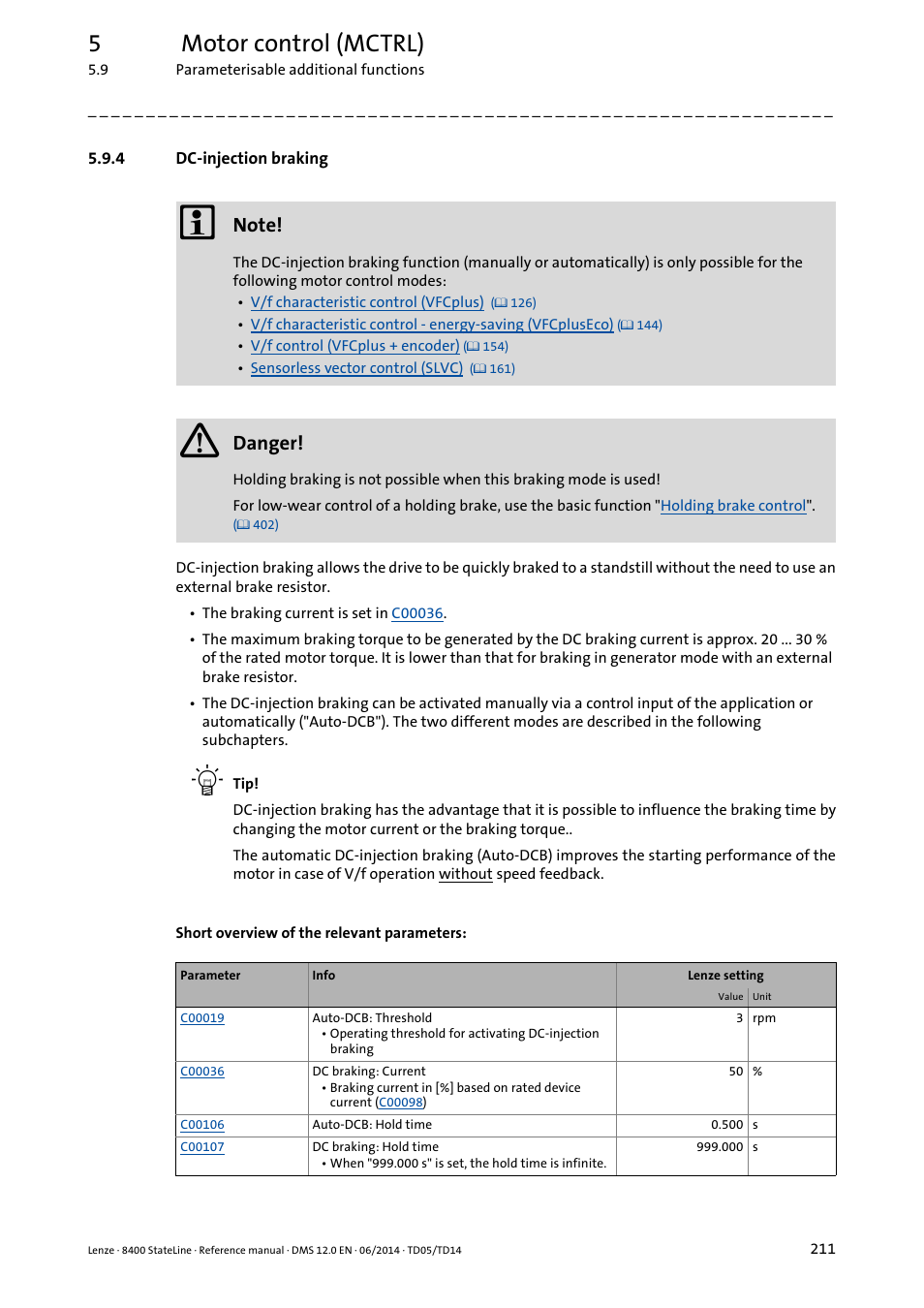 4 dc-injection braking, Dc-injection braking, 5motor control (mctrl) | Danger | Lenze 8400 StateLine User Manual | Page 211 / 1030