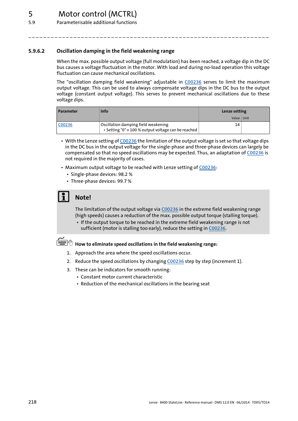 2 oscillation damping in the field weakening range, Oscillation damping in the field weakening range, 5motor control (mctrl) | Lenze 8400 StateLine User Manual | Page 218 / 1030