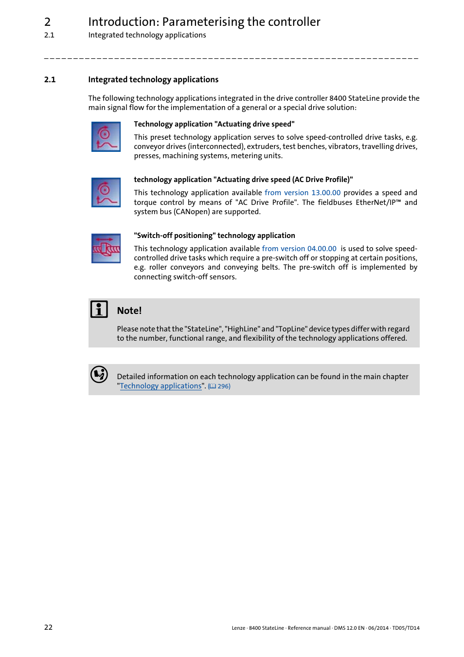 1 integrated technology applications, Integrated technology applications, 2introduction: parameterising the controller | Lenze 8400 StateLine User Manual | Page 22 / 1030