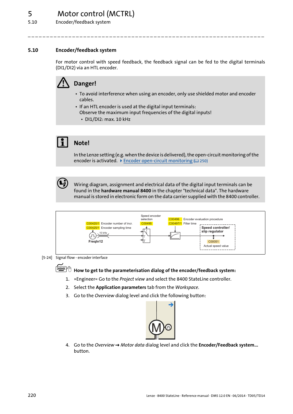 10 encoder/feedback system, Encoder/feedback system, Ailable | Encoder/feedback system ( 220), 5motor control (mctrl), Danger | Lenze 8400 StateLine User Manual | Page 220 / 1030