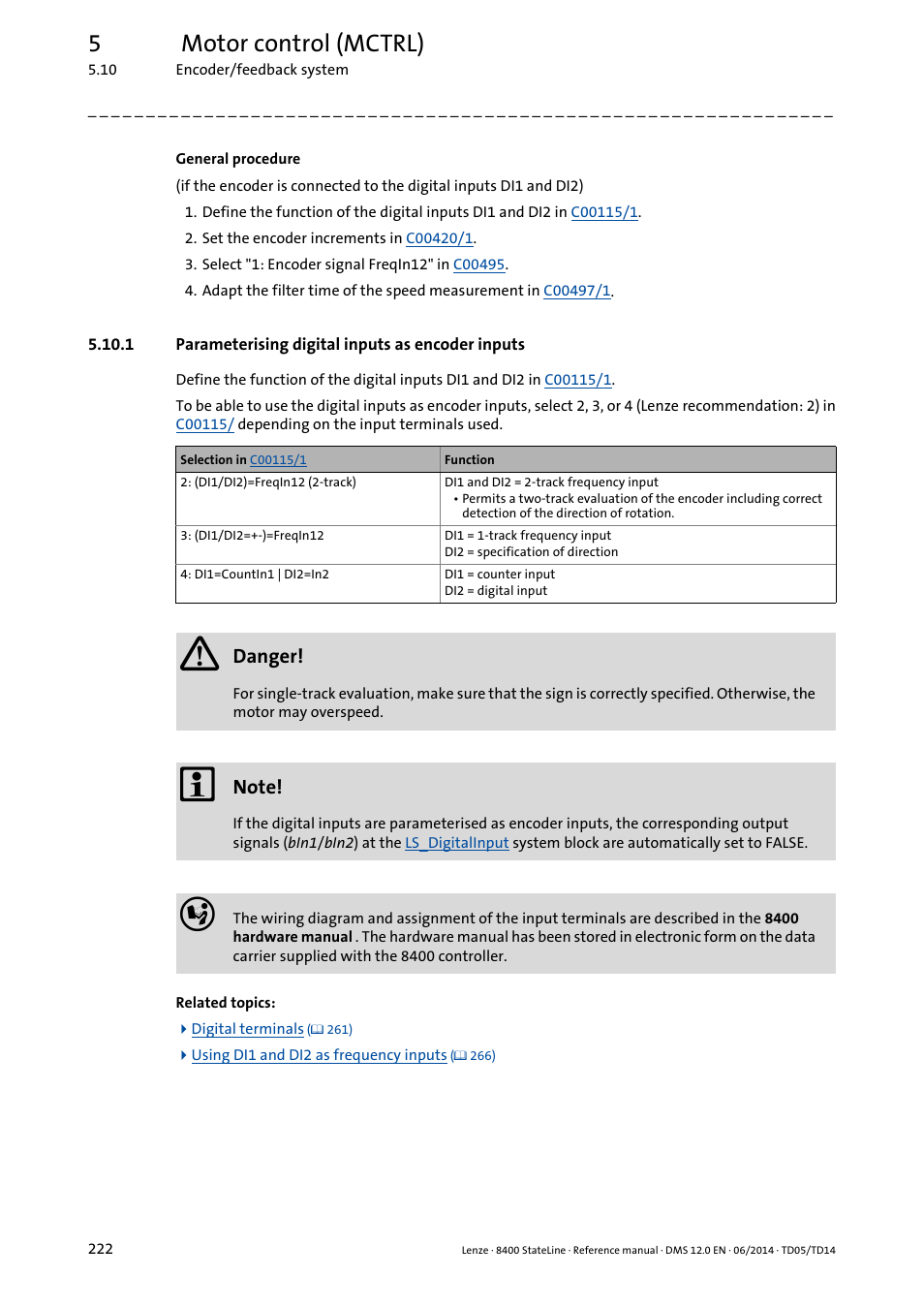 1 parameterising digital inputs as encoder inputs, Parameterising digital inputs as encoder inputs, 5motor control (mctrl) | Danger | Lenze 8400 StateLine User Manual | Page 222 / 1030