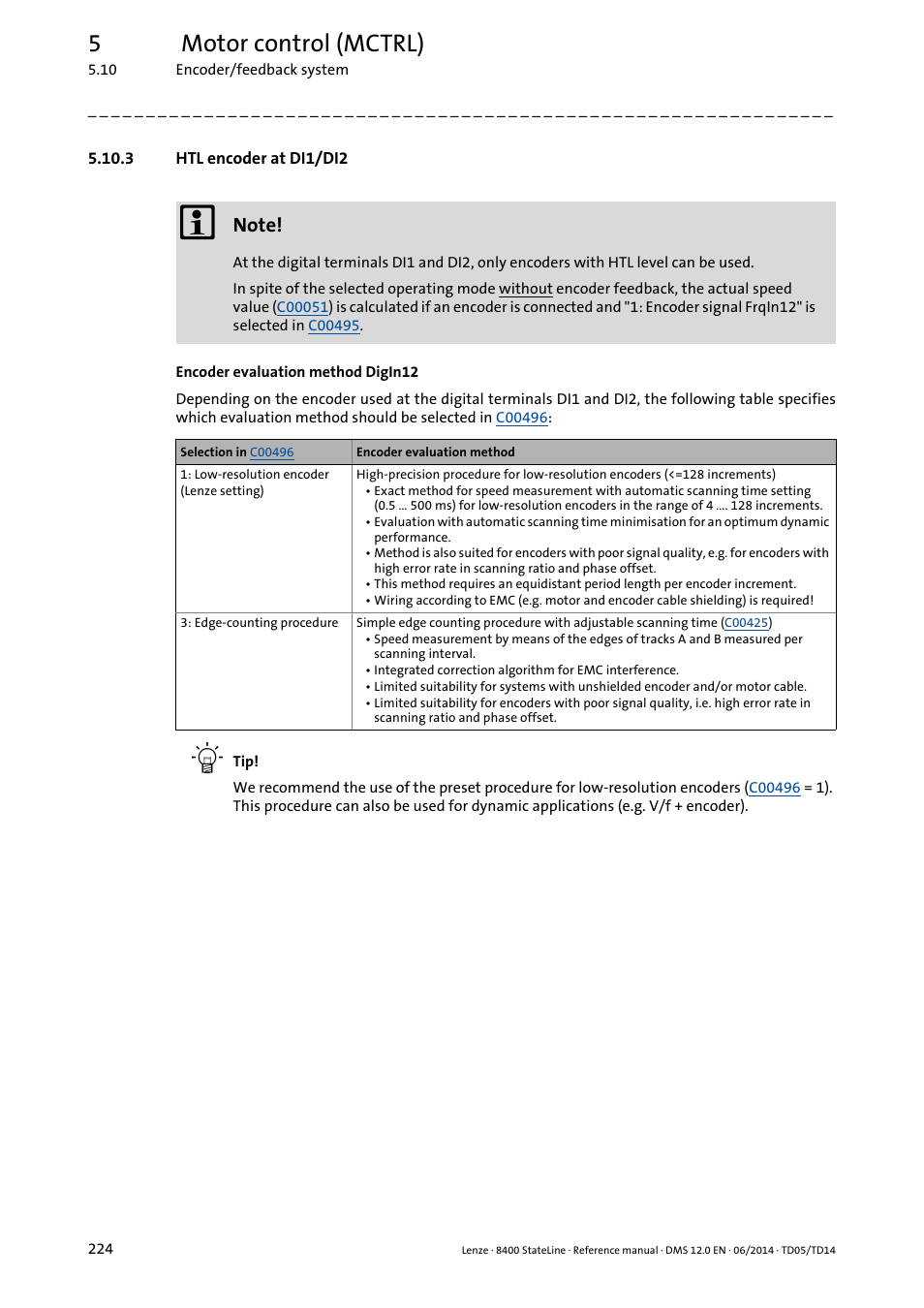 3 htl encoder at di1/di2, Htl encoder at di1/di2, 5motor control (mctrl) | Lenze 8400 StateLine User Manual | Page 224 / 1030