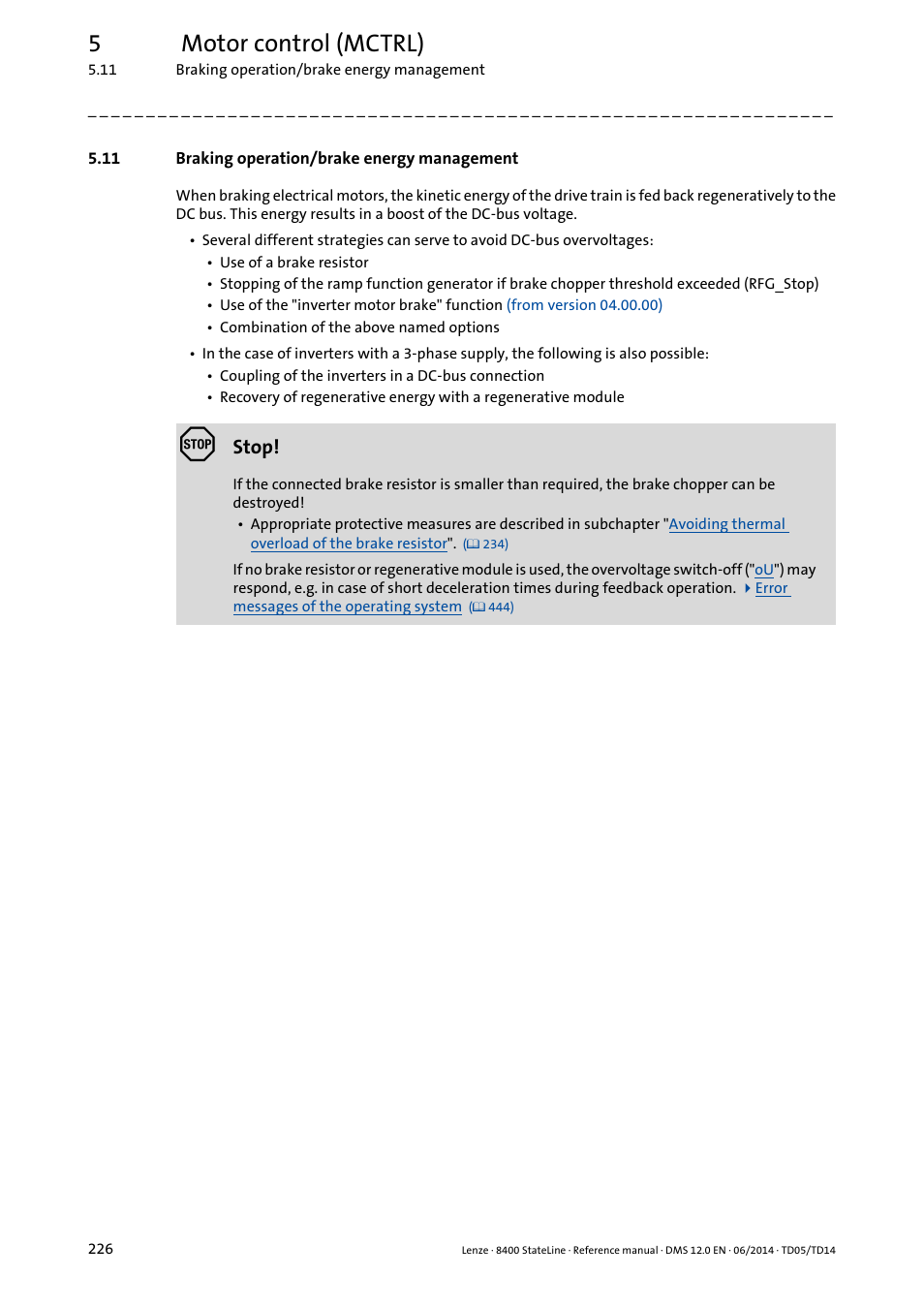 11 braking operation/brake energy management, Braking operation/brake energy management, 5motor control (mctrl) | Lenze 8400 StateLine User Manual | Page 226 / 1030