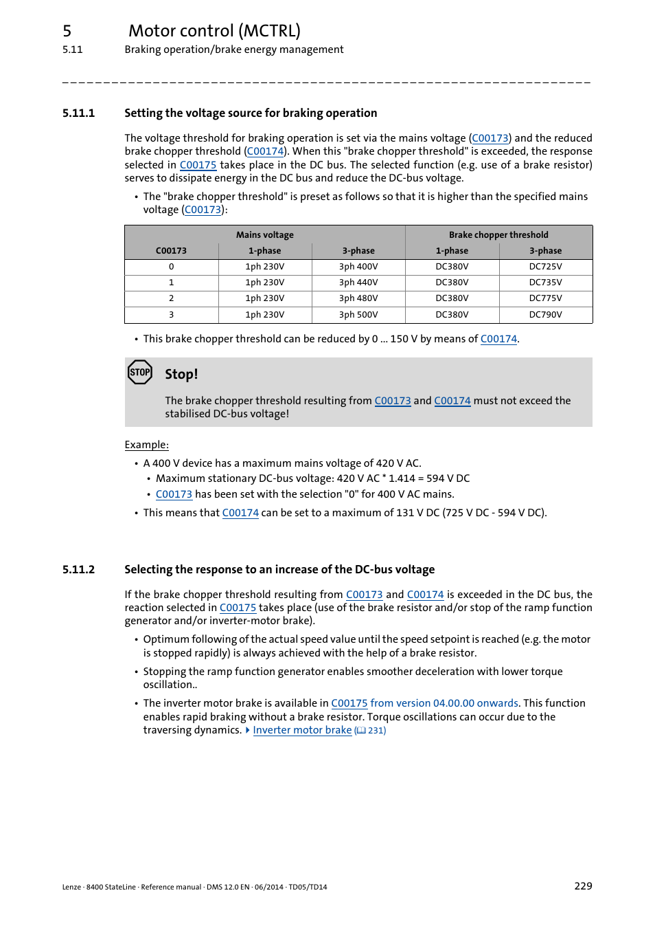 1 setting the voltage source for braking operation, Setting the voltage source for braking operation, 5motor control (mctrl) | Stop | Lenze 8400 StateLine User Manual | Page 229 / 1030