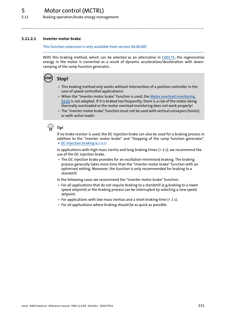 1 inverter motor brake, Inverter motor brake, 5motor control (mctrl) | Lenze 8400 StateLine User Manual | Page 231 / 1030