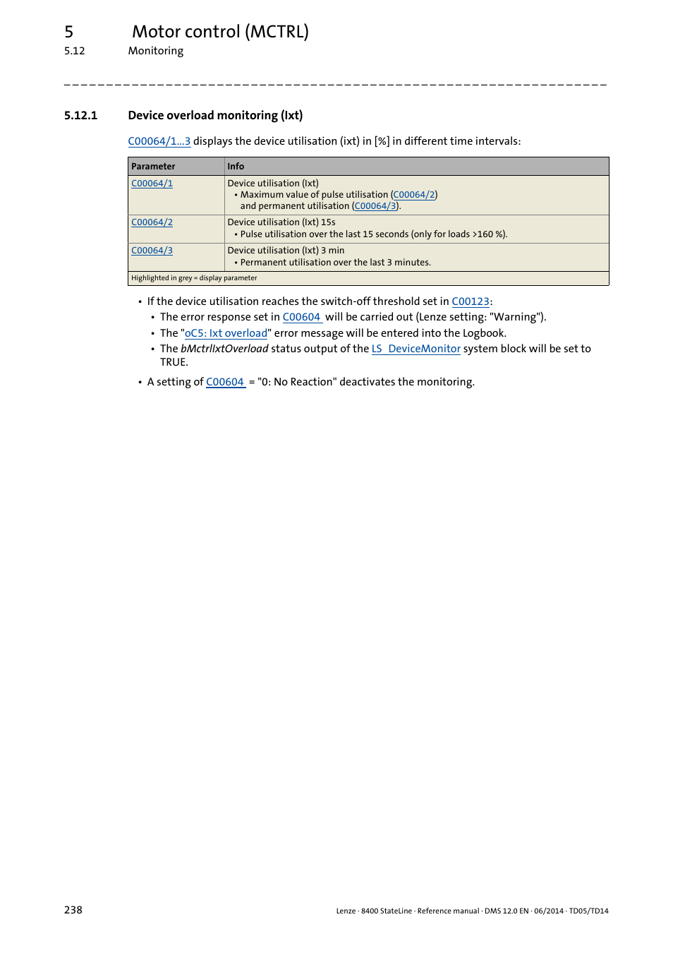 1 device overload monitoring (ixt), Device overload monitoring (ixt), 5motor control (mctrl) | Lenze 8400 StateLine User Manual | Page 238 / 1030