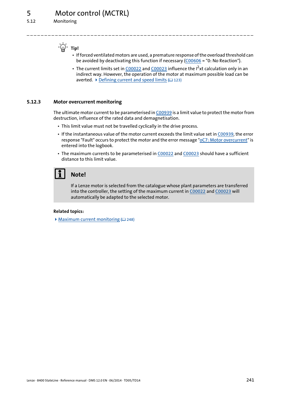 3 motor overcurrent monitoring, Motor overcurrent monitoring, 5motor control (mctrl) | Lenze 8400 StateLine User Manual | Page 241 / 1030