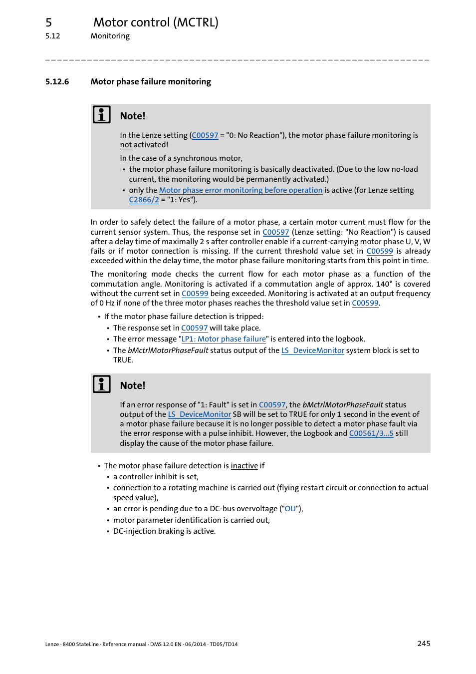 6 motor phase failure monitoring, Motor phase failure monitoring, 5motor control (mctrl) | Lenze 8400 StateLine User Manual | Page 245 / 1030