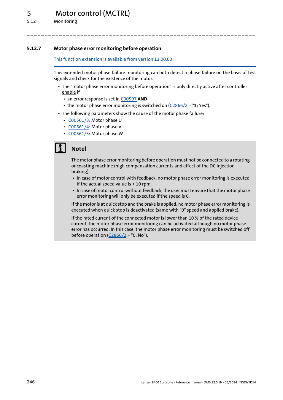 7 motor phase error monitoring before operation, Motor phase error monitoring before operation, Motor phase error monitoring before | Operation, 5motor control (mctrl) | Lenze 8400 StateLine User Manual | Page 246 / 1030