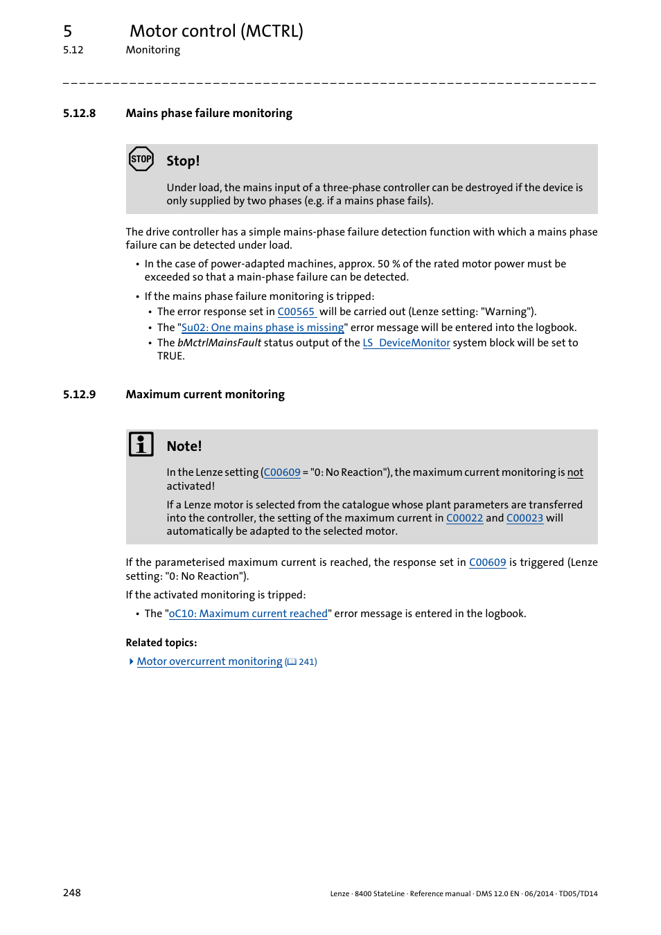 8 mains phase failure monitoring, 9 maximum current monitoring, Mains phase failure monitoring | Maximum current monitoring, Ation, 5motor control (mctrl) | Lenze 8400 StateLine User Manual | Page 248 / 1030