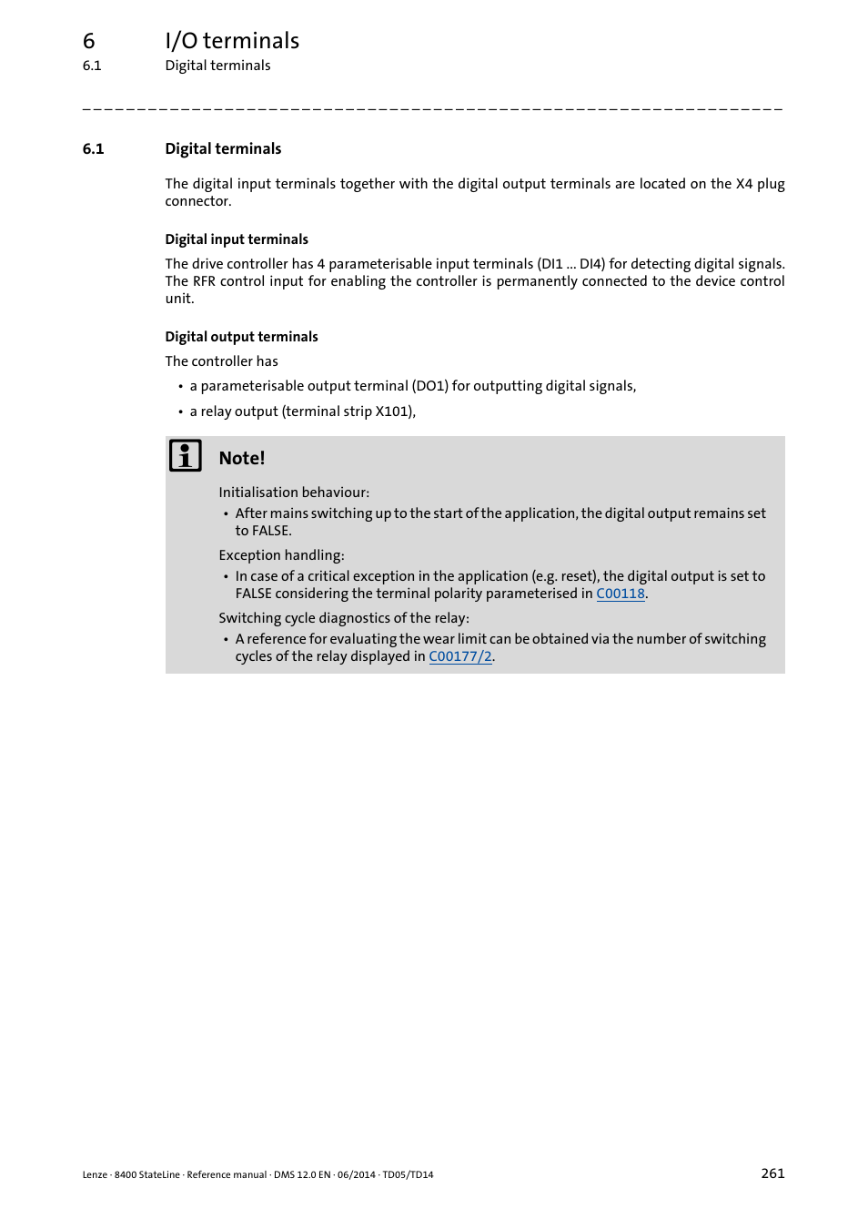 1 digital terminals, Digital terminals, 6i/o terminals | Lenze 8400 StateLine User Manual | Page 261 / 1030