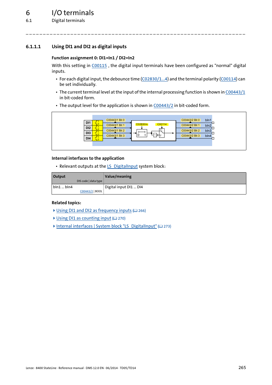 1 using di1 and di2 as digital inputs, Using di1 and di2 as digital inputs, 6i/o terminals | Lenze 8400 StateLine User Manual | Page 265 / 1030