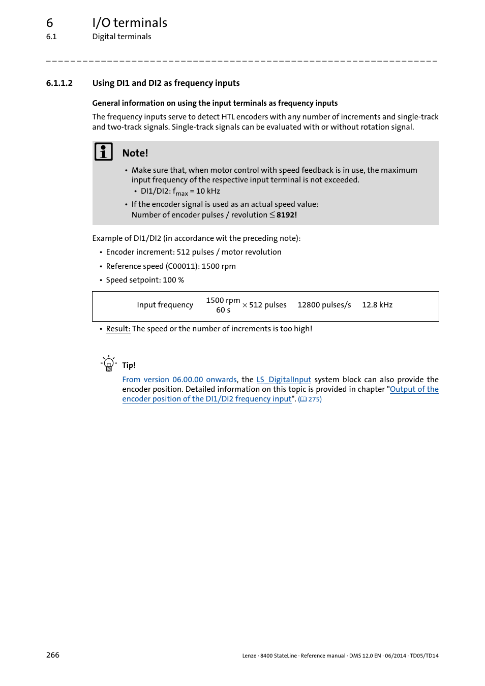 2 using di1 and di2 as frequency inputs, Using di1 and di2 as frequency inputs, 6i/o terminals | Lenze 8400 StateLine User Manual | Page 266 / 1030