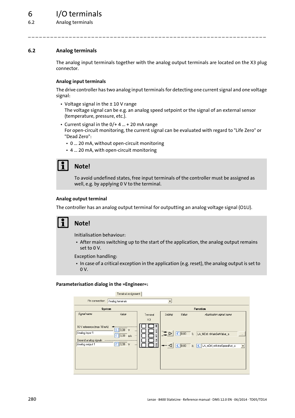 2 analog terminals, Analog terminals, 6i/o terminals | Lenze 8400 StateLine User Manual | Page 280 / 1030