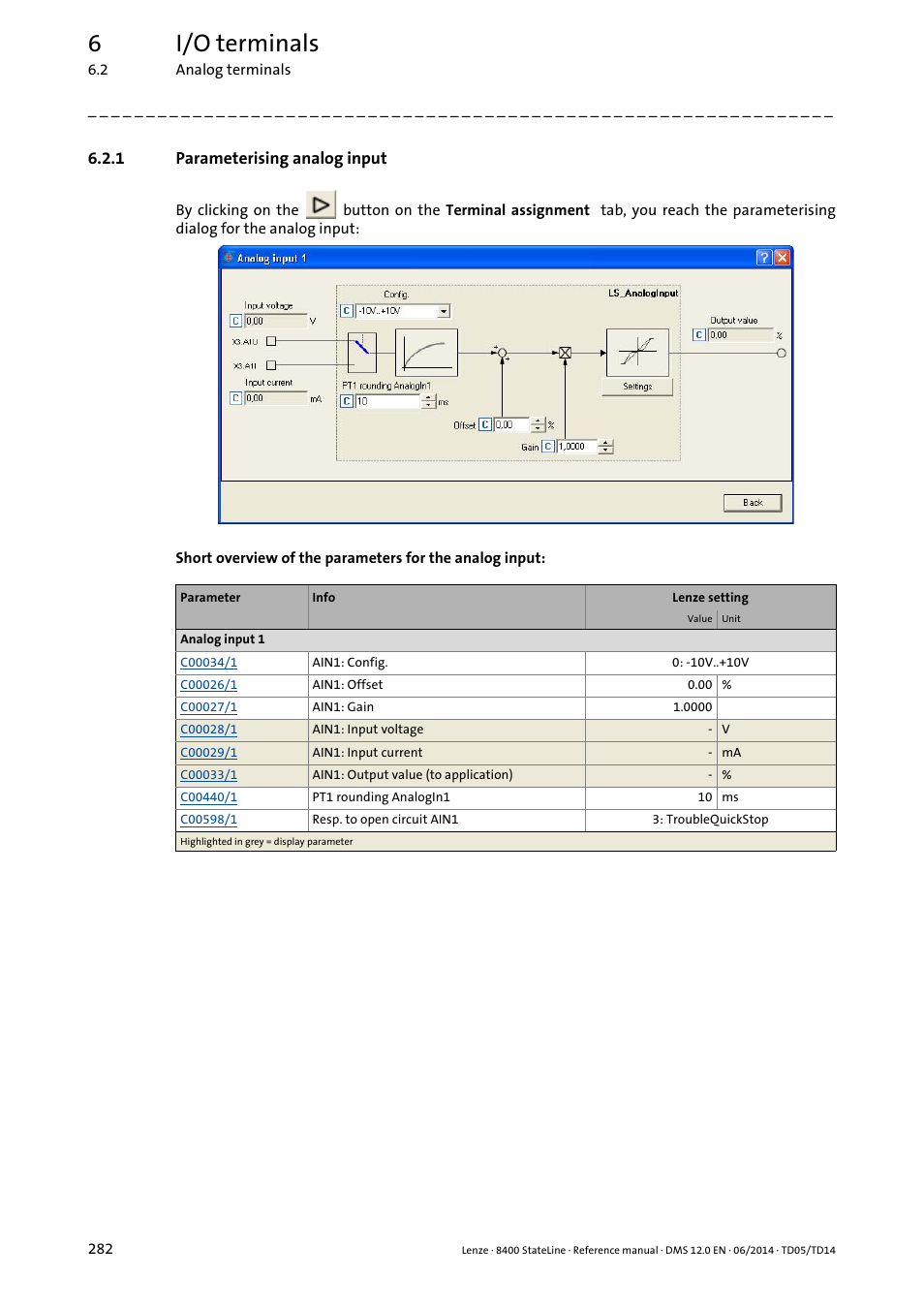 1 parameterising analog input, Parameterising analog input, Parameterising analog input ( 282) | 6i/o terminals | Lenze 8400 StateLine User Manual | Page 282 / 1030