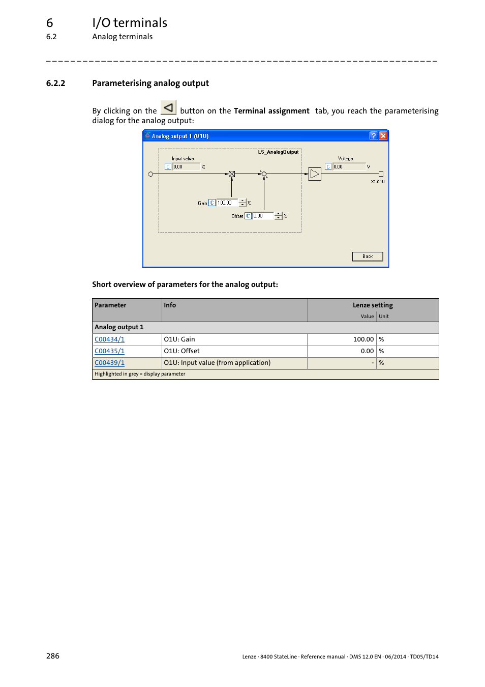 2 parameterising analog output, Parameterising analog output, Parameterising analog output ( 286) | 6i/o terminals | Lenze 8400 StateLine User Manual | Page 286 / 1030