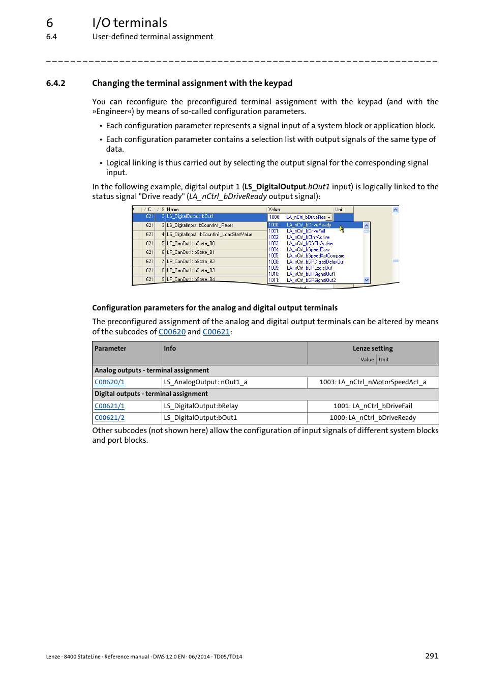 2 changing the terminal assignment with the keypad, Changing the terminal assignment with the keypad, 6i/o terminals | Lenze 8400 StateLine User Manual | Page 291 / 1030