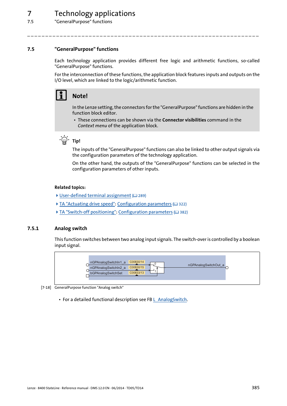 5 "generalpurpose" functions, 1 analog switch, Generalpurpose" functions | Analog switch, Ed disposable, Selection input, Analog switch, arithmetic, 7technology applications | Lenze 8400 StateLine User Manual | Page 385 / 1030