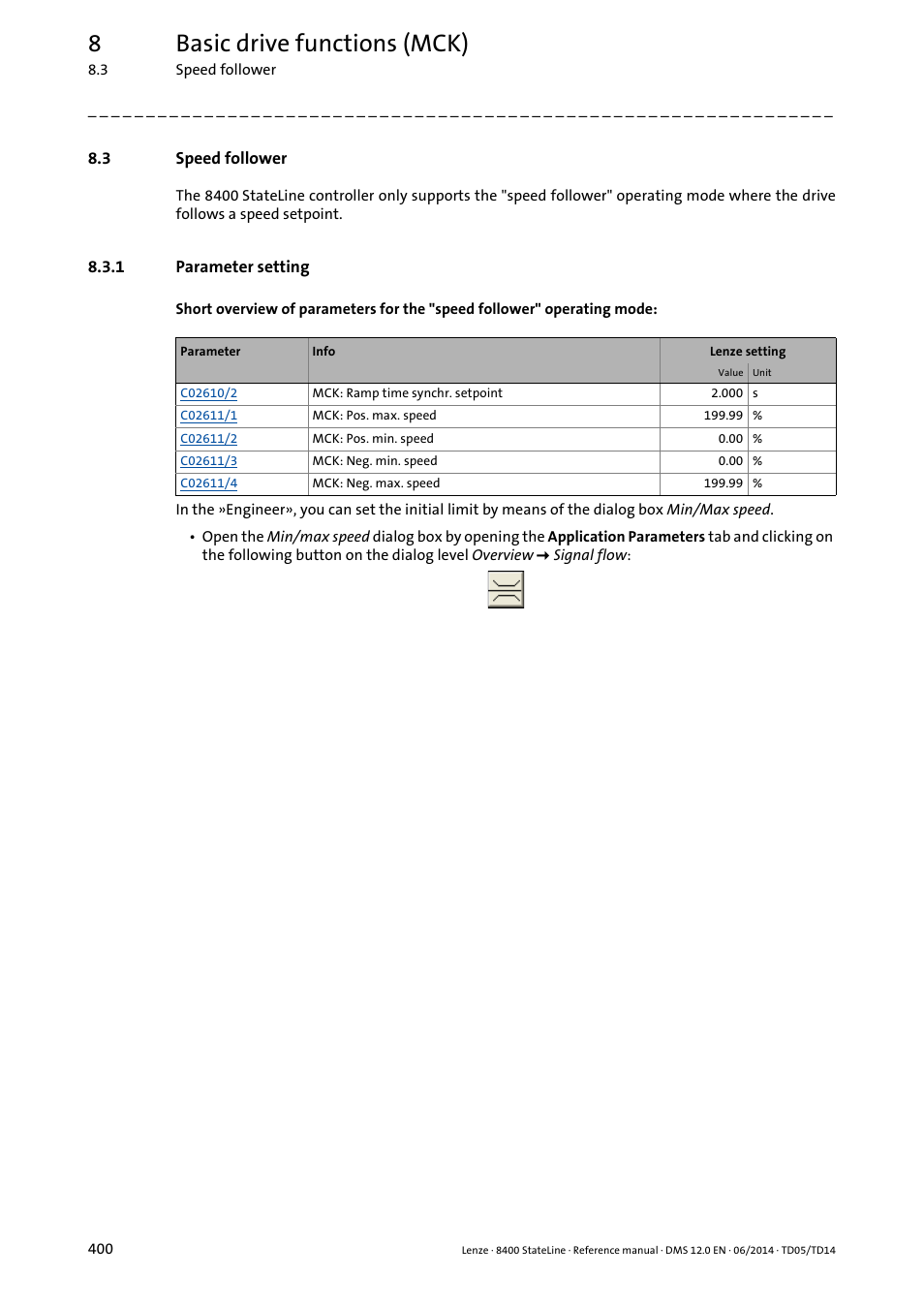 3 speed follower, 1 parameter setting, Speed follower | Parameter setting, Reques, 8basic drive functions (mck) | Lenze 8400 StateLine User Manual | Page 400 / 1030