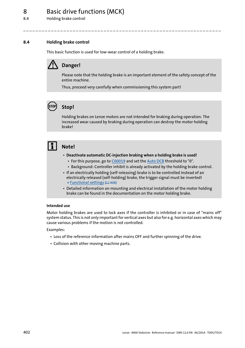 4 holding brake control, Holding brake control, The basic | Function, 8basic drive functions (mck) | Lenze 8400 StateLine User Manual | Page 402 / 1030