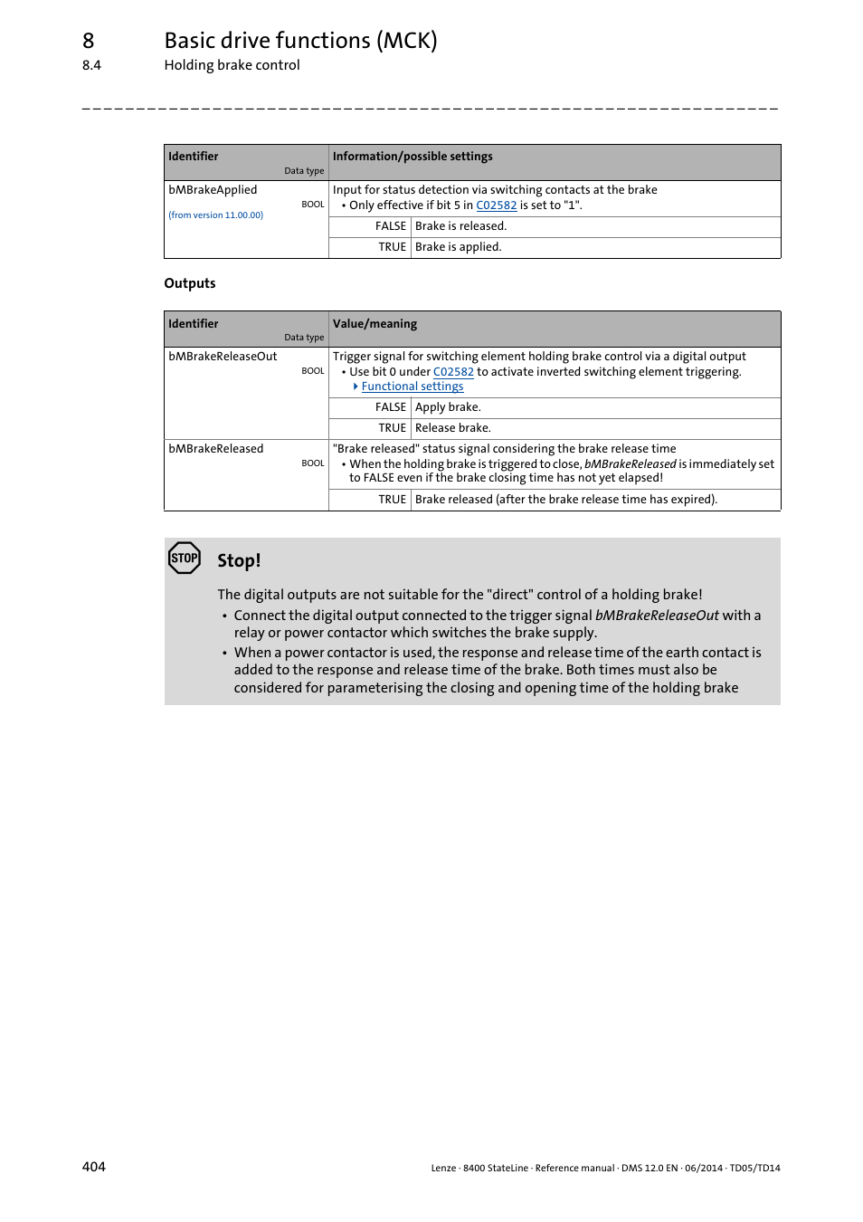 8basic drive functions (mck), Stop | Lenze 8400 StateLine User Manual | Page 404 / 1030