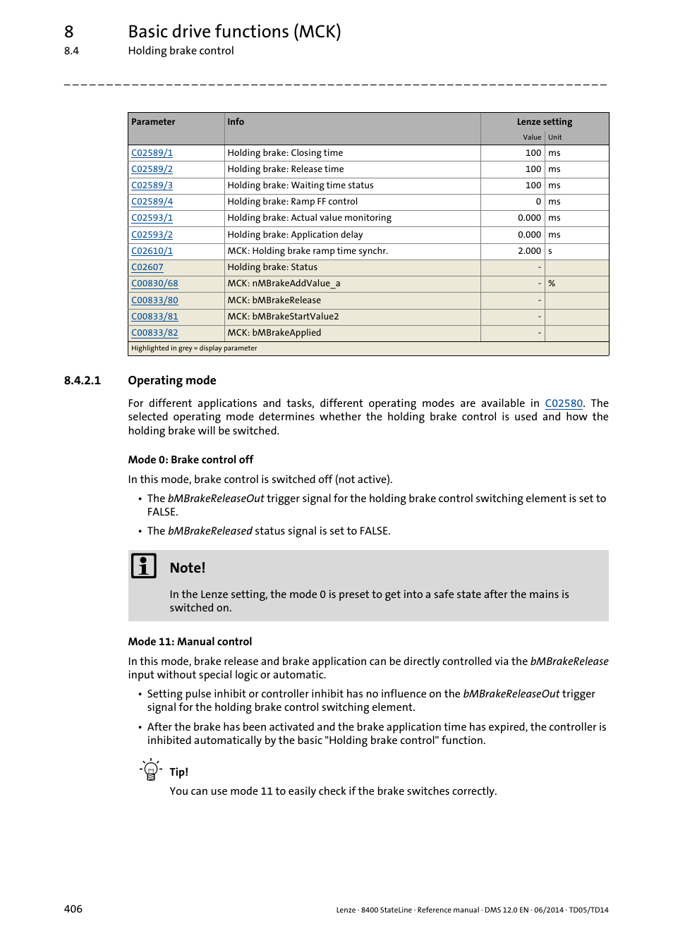 1 operating mode, Operating mode, 8basic drive functions (mck) | Lenze 8400 StateLine User Manual | Page 406 / 1030