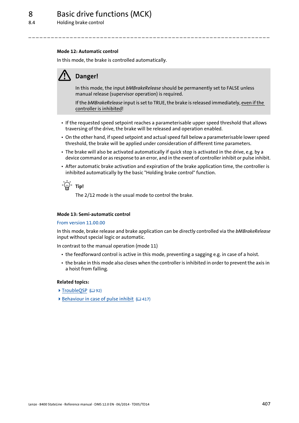 8basic drive functions (mck) | Lenze 8400 StateLine User Manual | Page 407 / 1030