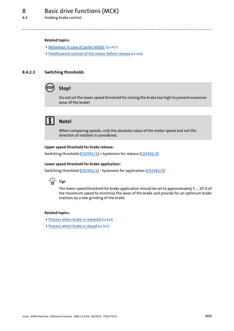 3 switching thresholds, Switching thresholds, 8basic drive functions (mck) | Lenze 8400 StateLine User Manual | Page 409 / 1030