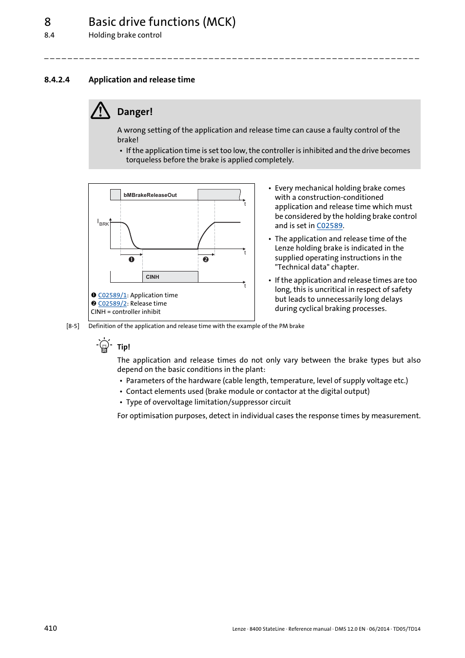 4 application and release time, Application and release time, 8basic drive functions (mck) | Danger | Lenze 8400 StateLine User Manual | Page 410 / 1030