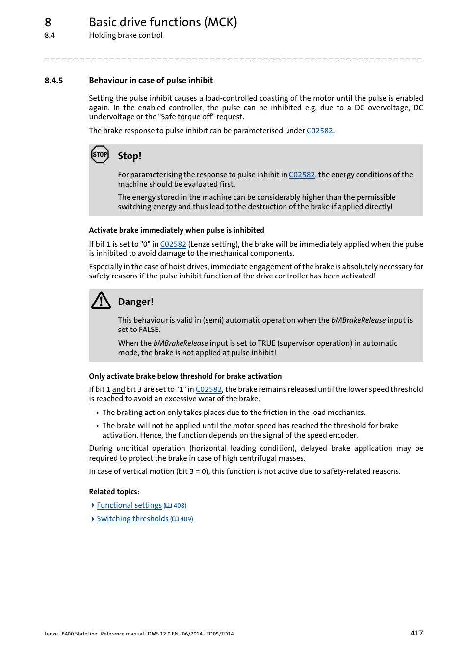 5 behaviour in case of pulse inhibit, Behaviour in case of pulse inhibit, 8basic drive functions (mck) | Lenze 8400 StateLine User Manual | Page 417 / 1030