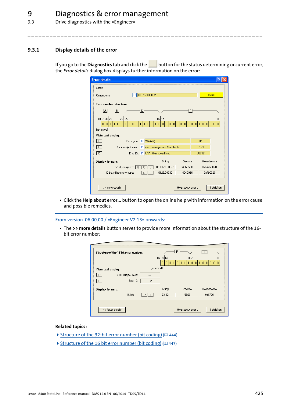 1 display details of the error, Display details of the error, 9diagnostics & error management | Lenze 8400 StateLine User Manual | Page 425 / 1030