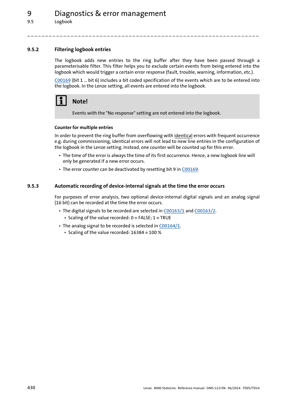 2 filtering logbook entries, Filtering logbook entries, 9diagnostics & error management | Lenze 8400 StateLine User Manual | Page 430 / 1030