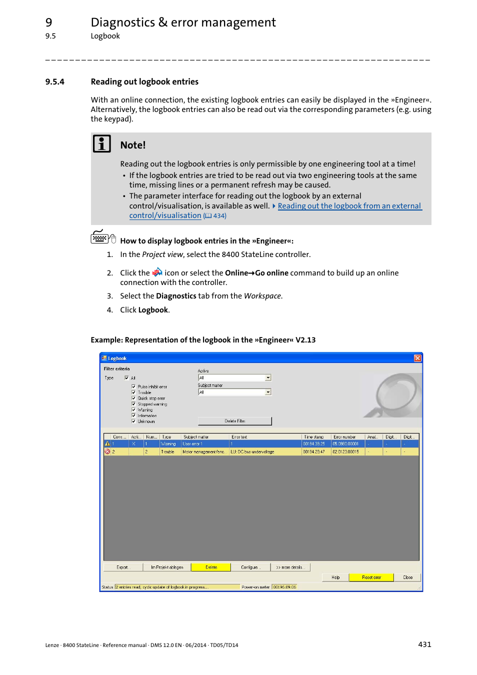 4 reading out logbook entries, Reading out logbook entries, 9diagnostics & error management | Lenze 8400 StateLine User Manual | Page 431 / 1030