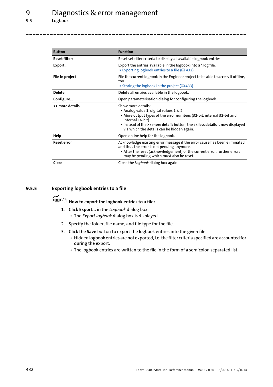 5 exporting logbook entries to a file, Exporting logbook entries to a file, 9diagnostics & error management | Lenze 8400 StateLine User Manual | Page 432 / 1030