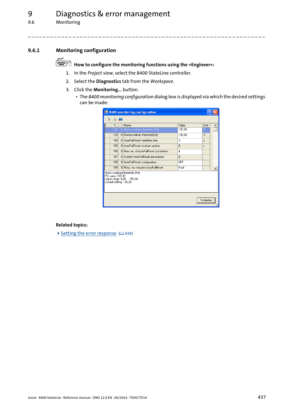 1 monitoring configuration, Monitoring configuration, 9diagnostics & error management | Lenze 8400 StateLine User Manual | Page 437 / 1030