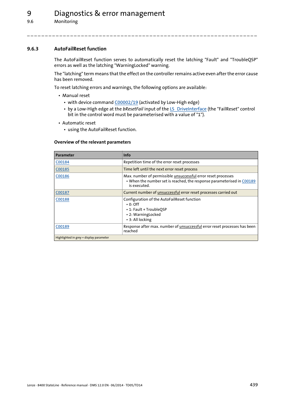 3 autofailreset function, Autofailreset function, 9diagnostics & error management | Lenze 8400 StateLine User Manual | Page 439 / 1030