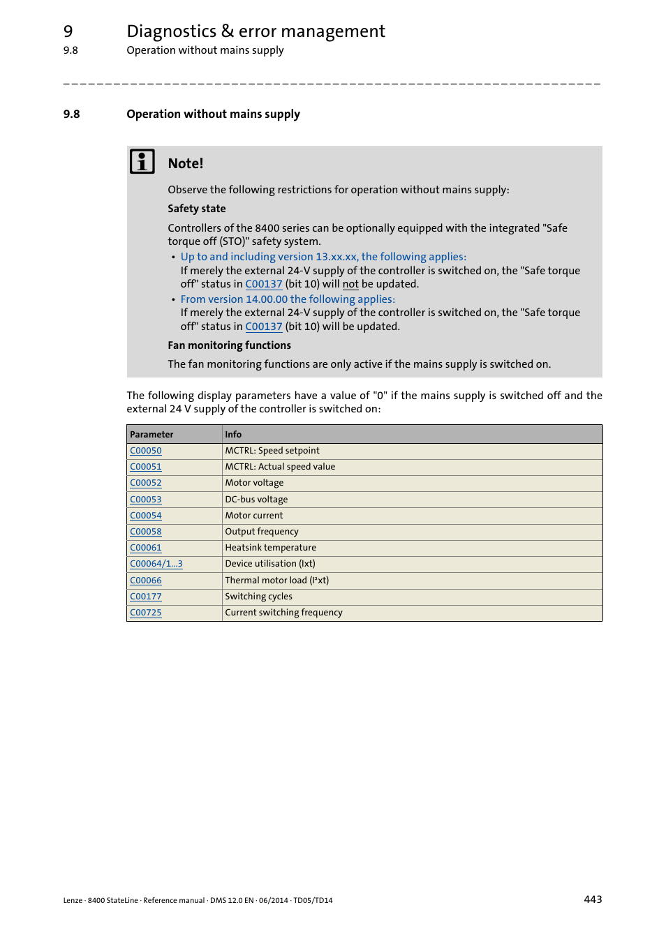 8 operation without mains supply, Operation without mains supply, 9diagnostics & error management | Lenze 8400 StateLine User Manual | Page 443 / 1030