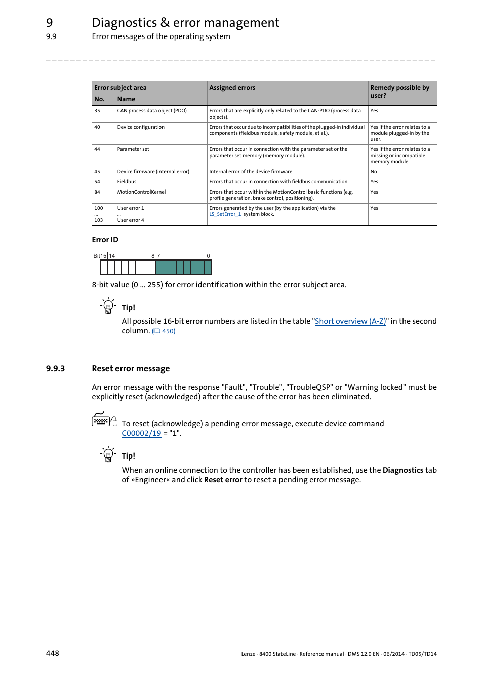 3 reset error message, Reset error message, 9diagnostics & error management | Lenze 8400 StateLine User Manual | Page 448 / 1030