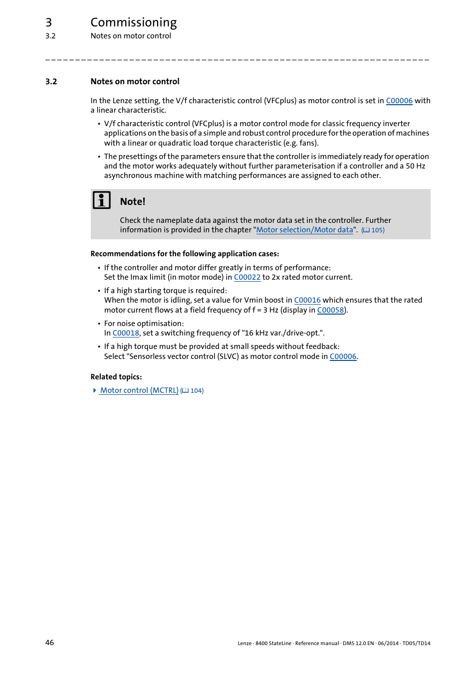 2 notes on motor control, Notes on motor control, 3commissioning | Lenze 8400 StateLine User Manual | Page 46 / 1030