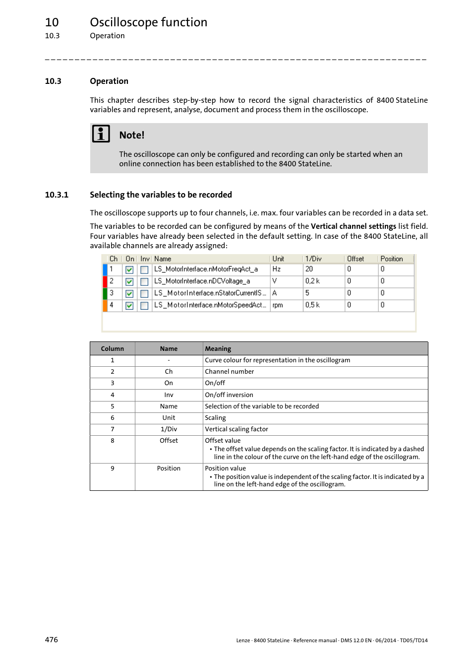 3 operation, 1 selecting the variables to be recorded, Selecting the variables to be recorded | 10 oscilloscope function | Lenze 8400 StateLine User Manual | Page 476 / 1030