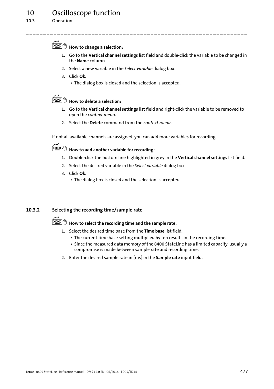 2 selecting the recording time/sample rate, Selecting the recording time/sample rate, 10 oscilloscope function | Lenze 8400 StateLine User Manual | Page 477 / 1030