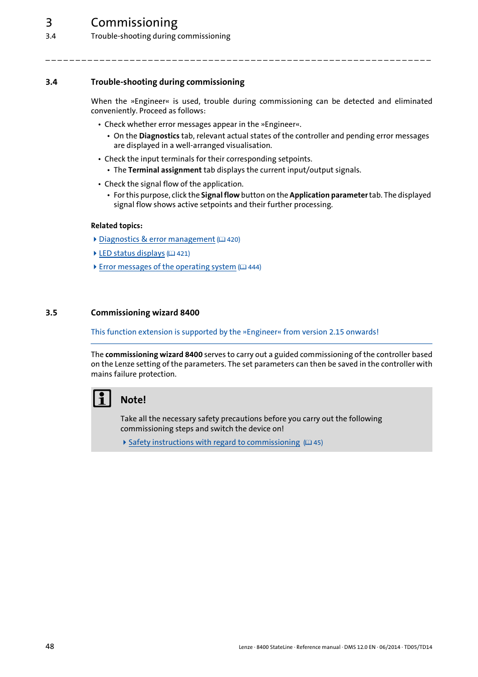 4 trouble-shooting during commissioning, 5 commissioning wizard 8400, Trouble-shooting during commissioning | Commissioning wizard 8400, 3commissioning | Lenze 8400 StateLine User Manual | Page 48 / 1030