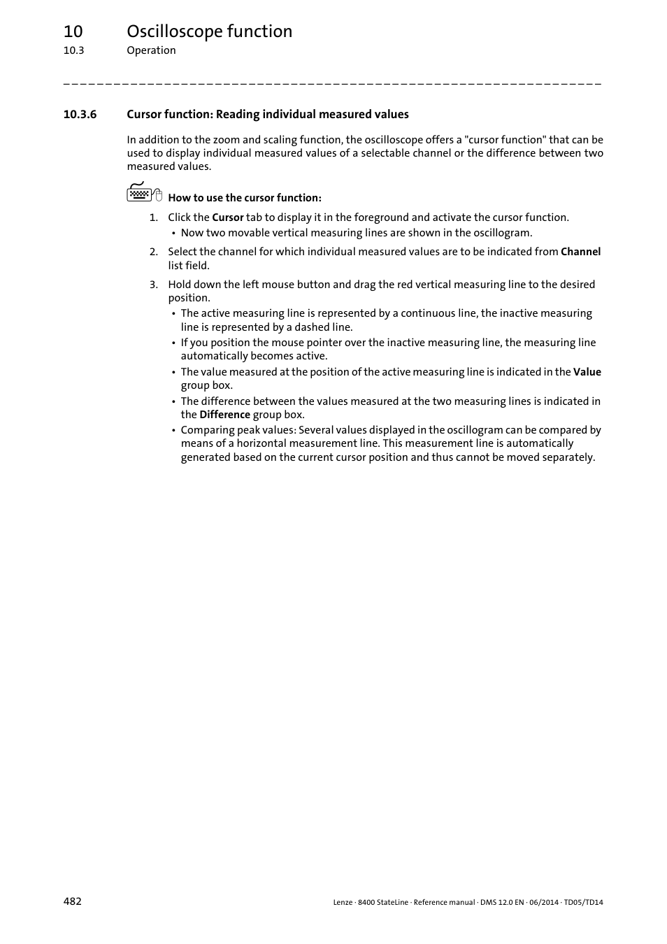 Cursor function: reading individual measured, Values, 10 oscilloscope function | Lenze 8400 StateLine User Manual | Page 482 / 1030