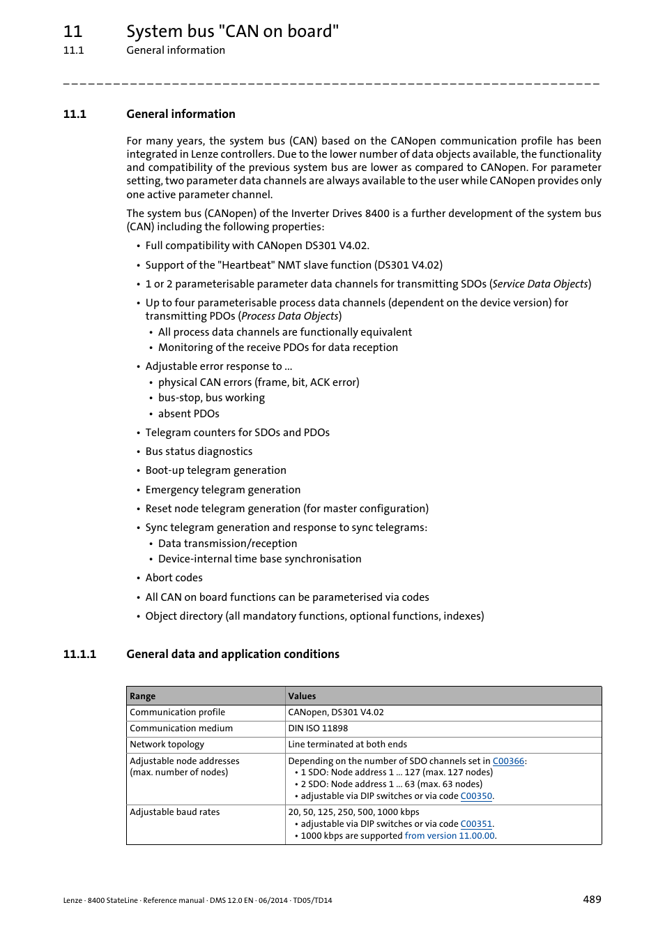 1 general information, 1 general data and application conditions, General data and application conditions | 11 system bus "can on board | Lenze 8400 StateLine User Manual | Page 489 / 1030